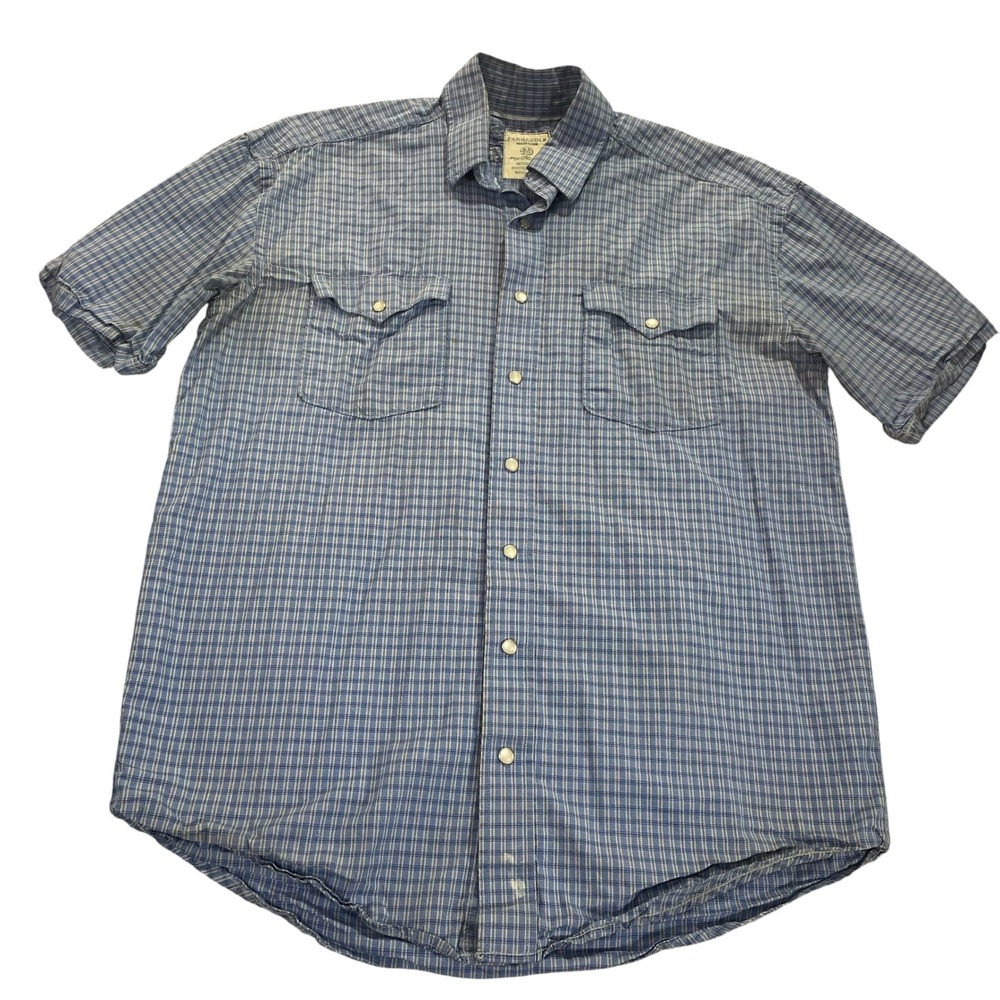 Panhandle Rough Stock Mens Medium Blue Plaid Pearl Snap Western Shirt Cotton